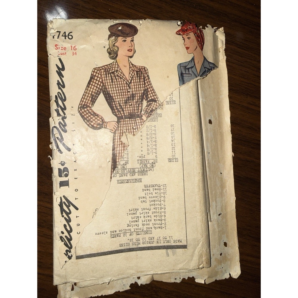 1940s Simplicity sewing pattern number 1746 Dress Size 16 Bust 34